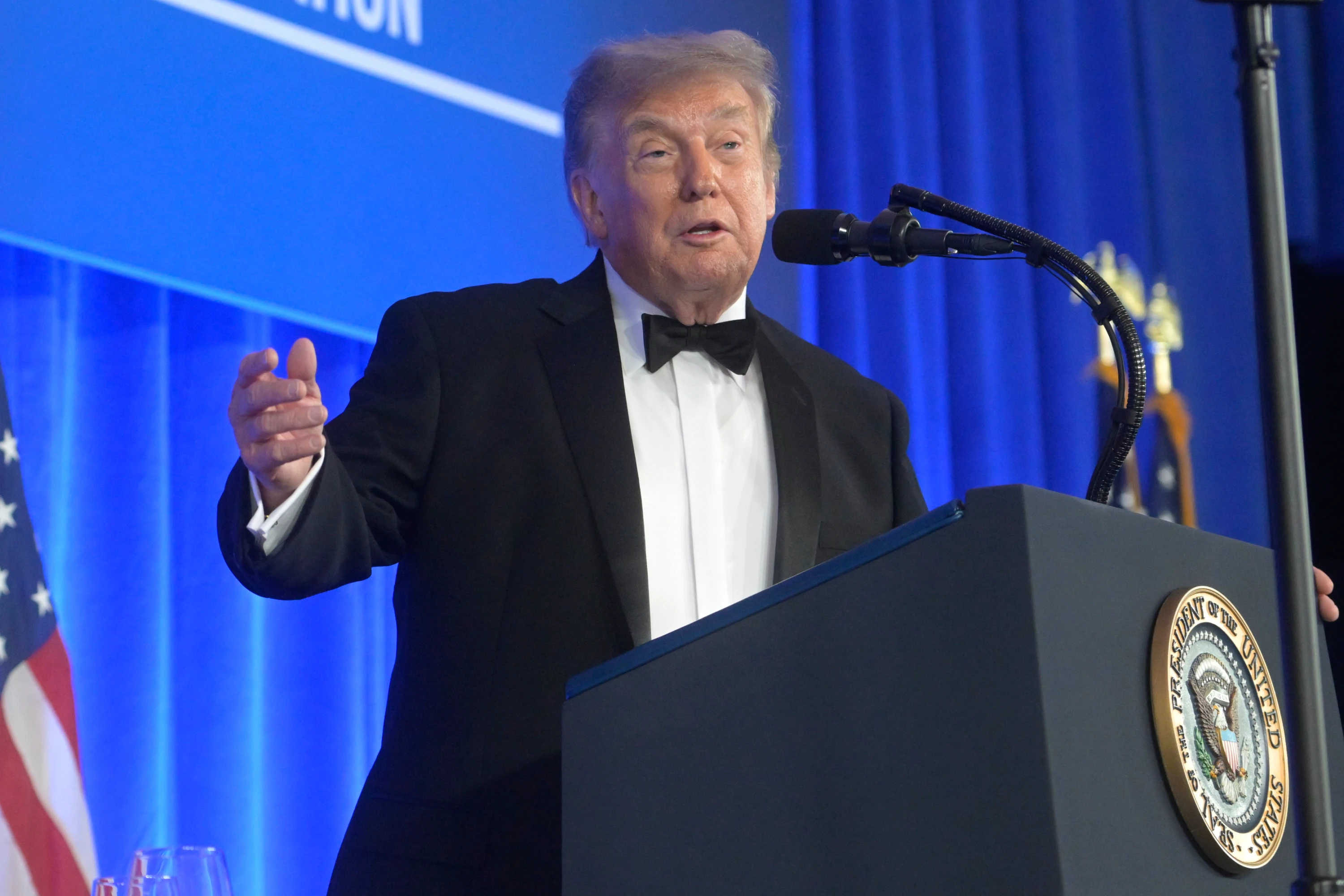 Image of Trump returns to correspondents' dinner for a rambling, insult-filled speech 3 months after shooting